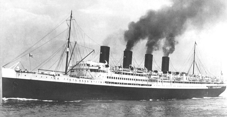 Ocean liner crossing open Atlantic waters under dramatic skies